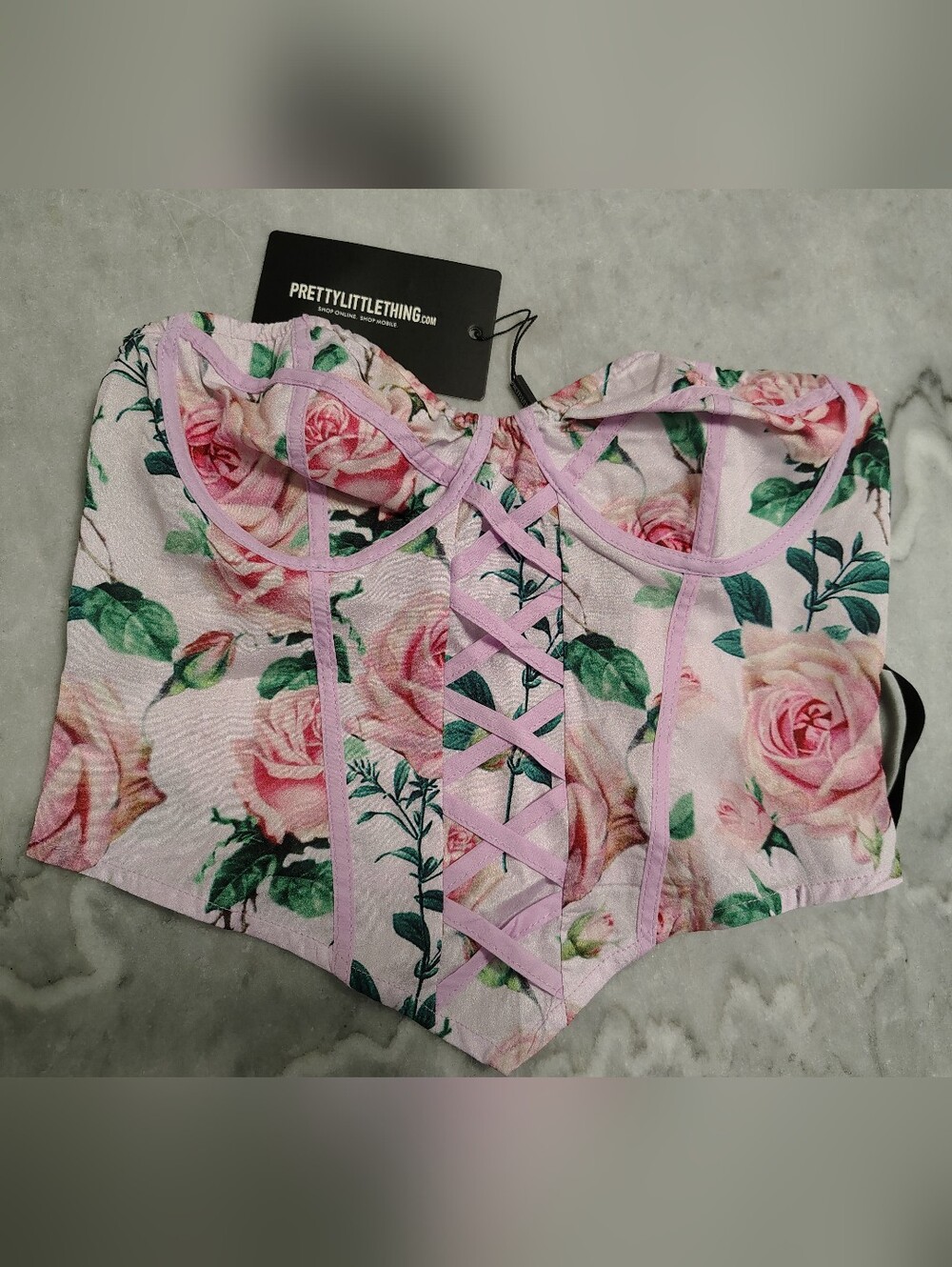 PrettyLittleThing Pink Floral Lace-Up Corset Top